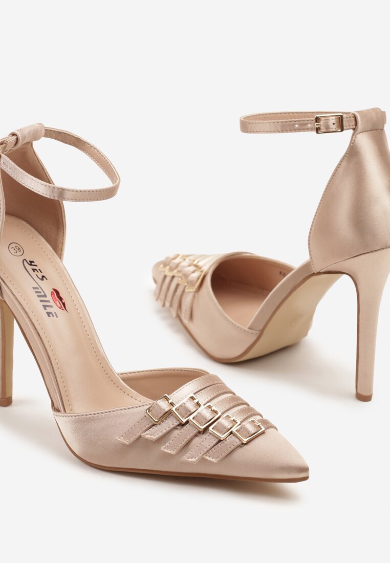 yesmile Pantofi stiletto șampanie din satin decorate cu catarame Liorlina
