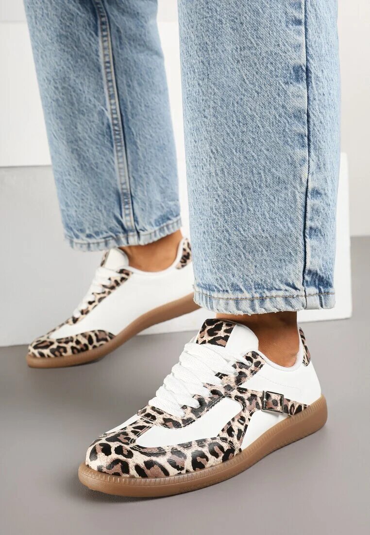 yesmile Sneakers Clasici Tenisi Albi cu Imprimeu de Leopard Decorați cu Cataramă Senaniela