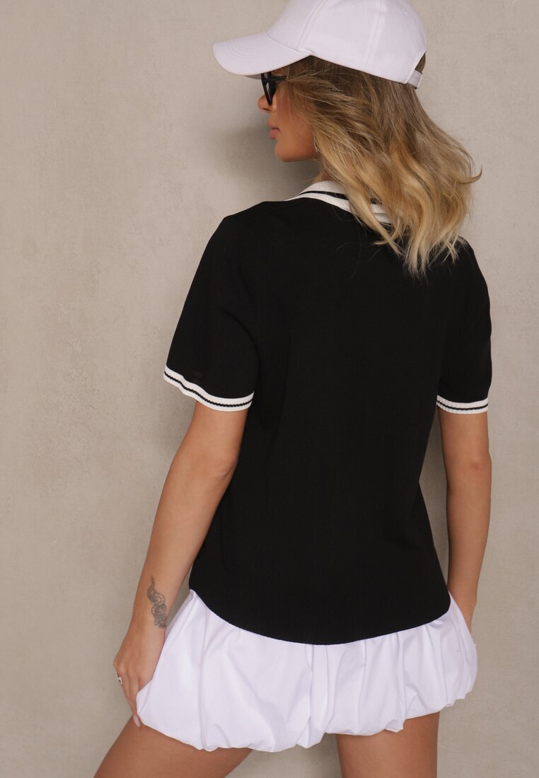 yu & me Bluză Polo Neagră cu Mânecă Scurtă din Tricot cu Viscoză Adalira