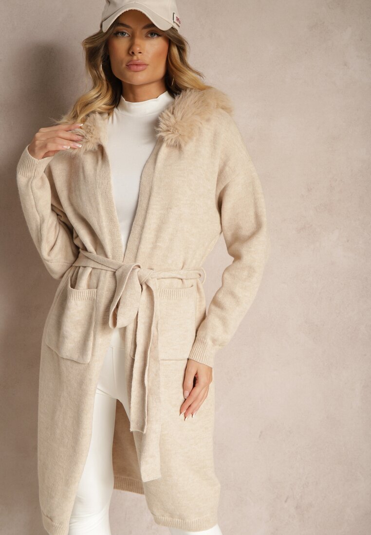yu & me Cardigan Bej cu Lână Legat în Talie cu Glugă cu Blană Detașabilă Besiyana