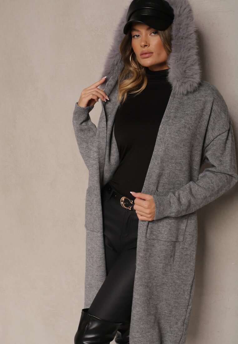 yu & me Cardigan Gri cu Lână Legat în Talie cu Glugă cu Blană Detașabilă Besiyana