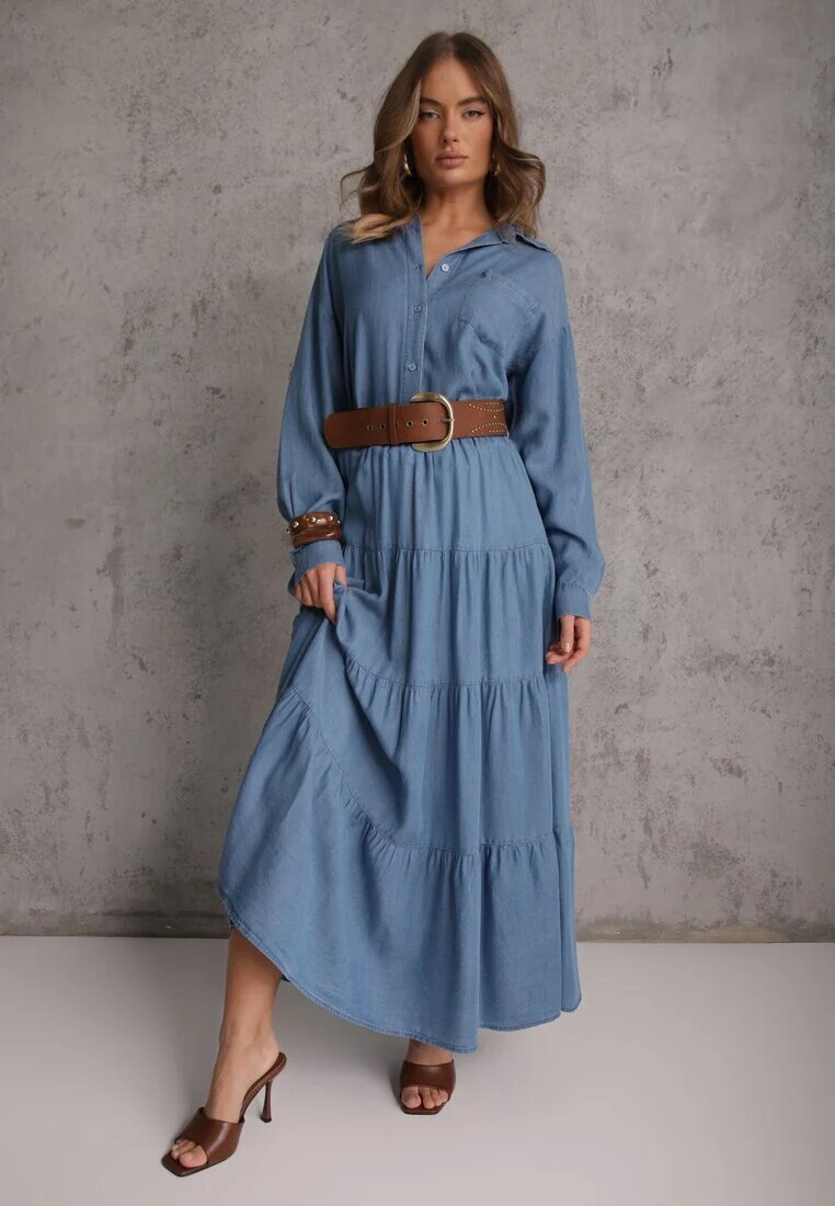 yu & me Fustă Albastră Cloș din Lyocell High Waist decorată cu volane Ravienne