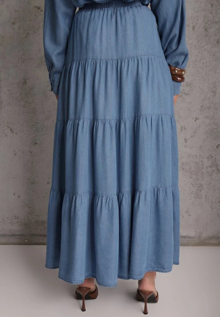 yu & me Fustă Albastră Cloș din Lyocell High Waist decorată cu volane Ravienne