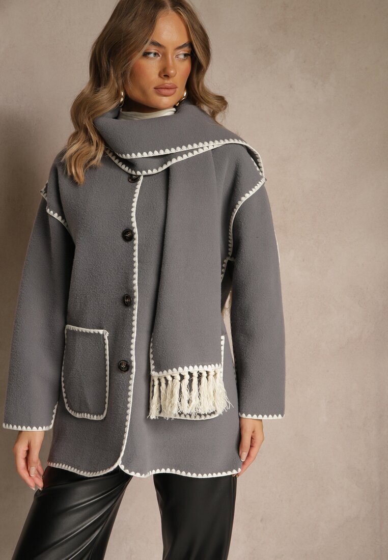 yu & me Geacă Gri Oversize cu eșarfă și cusături decorative Claritila