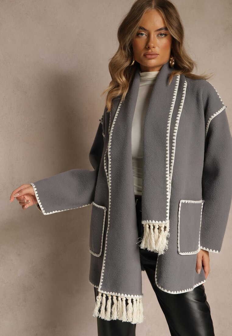 yu & me Geacă Gri Oversize cu eșarfă și cusături decorative Claritila