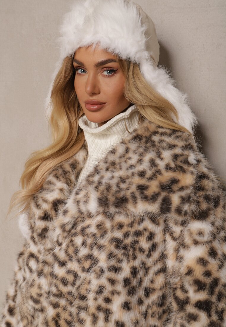 yu & me Jachetă Bej Imitație de blană cu Imprimeu Leopard cu Guler Lat Nalorienne