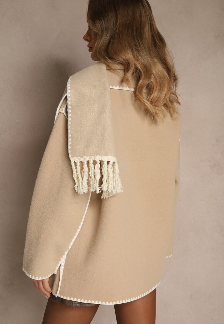 yu & me Jachetă Bej Oversize cu Eșarfă și Cusături Decorative Claritila