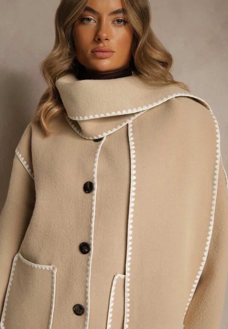 yu & me Jachetă Bej Oversize cu Eșarfă și Cusături Decorative Claritila