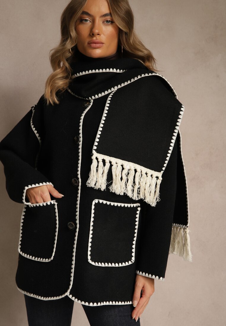 yu & me Jachetă Neagră Oversize cu Eșarfă și Cusături Decorative Claritila