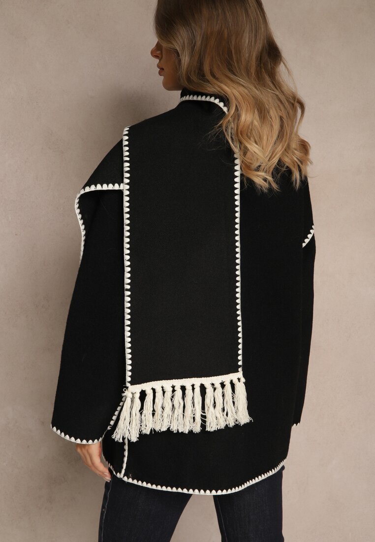 yu & me Jachetă Neagră Oversize cu Eșarfă și Cusături Decorative Claritila