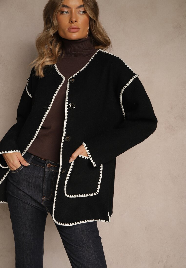 yu & me Jachetă Neagră Oversize cu Eșarfă și Cusături Decorative Claritila