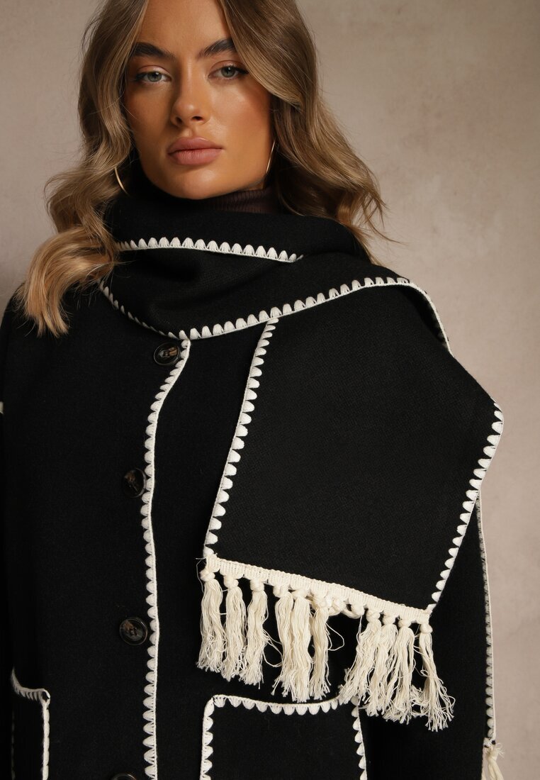 yu & me Jachetă Neagră Oversize cu Eșarfă și Cusături Decorative Claritila