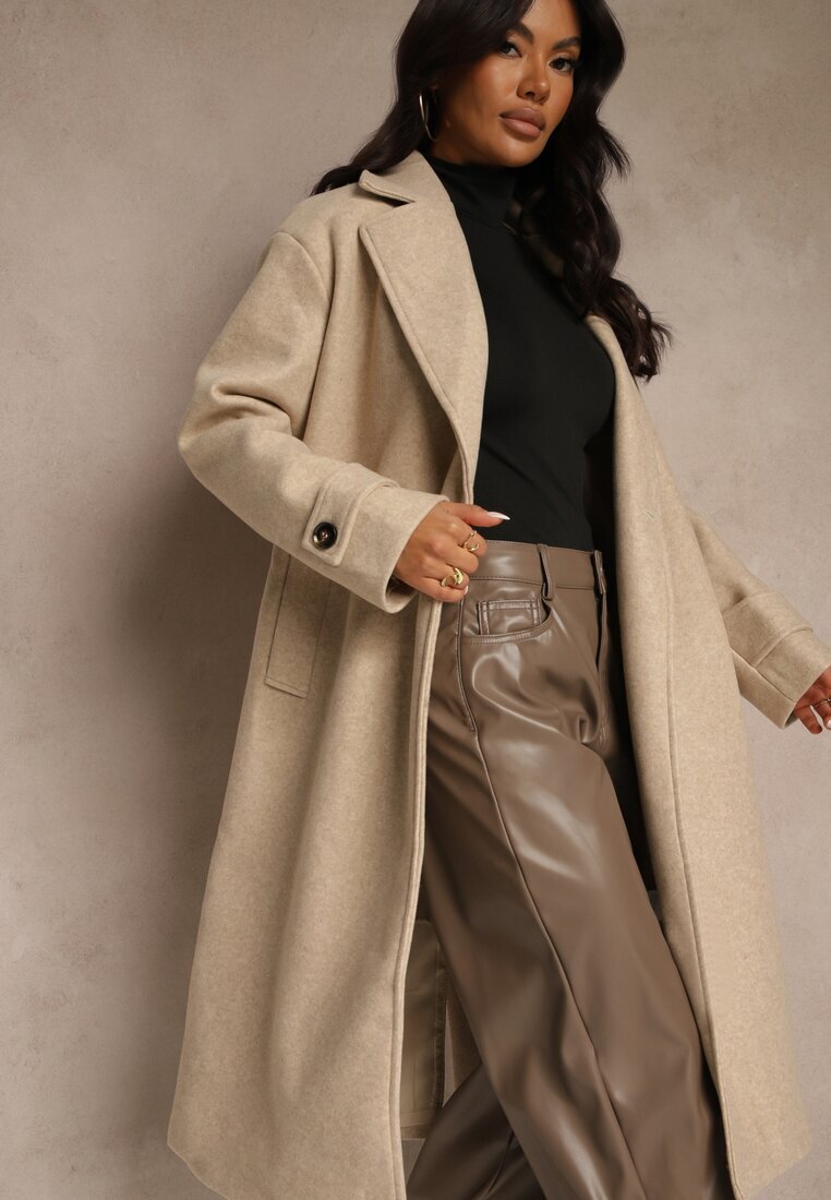 yu & me Palton Elegant Bej din Lână și Vâscoză cu Croi Dublu Oversize Tilisana