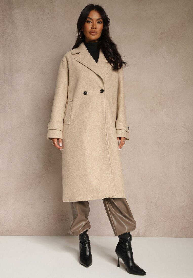 yu & me Palton Elegant Bej din Lână și Vâscoză cu Croi Dublu Oversize Tilisana