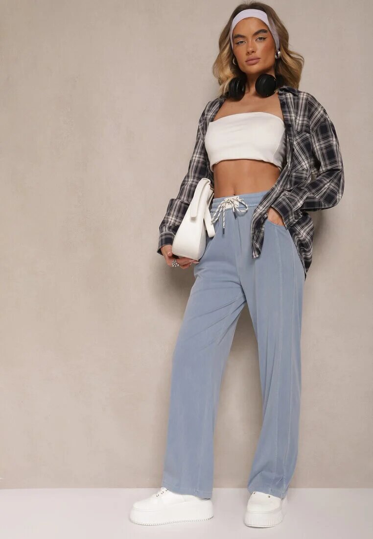 yu & me Pantaloni Albaștri cu Bumbac Viscoză și Legătură Decorativă Orrivaria