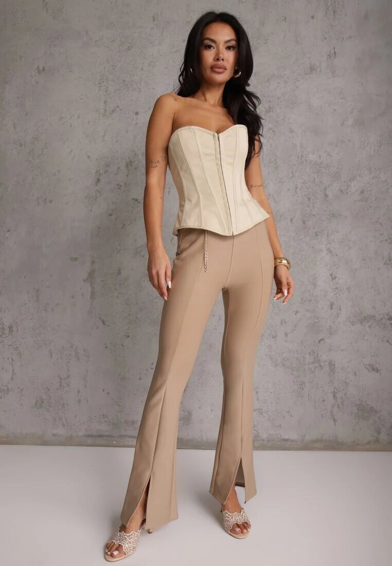 yu & me Pantaloni clopot textili Bej cu lanț decorativ Amelana
