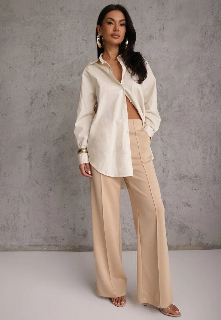 yu & me Pantaloni din Bumbac și Viscoză Bej cu Croială Elegantă la dungă Tinawre
