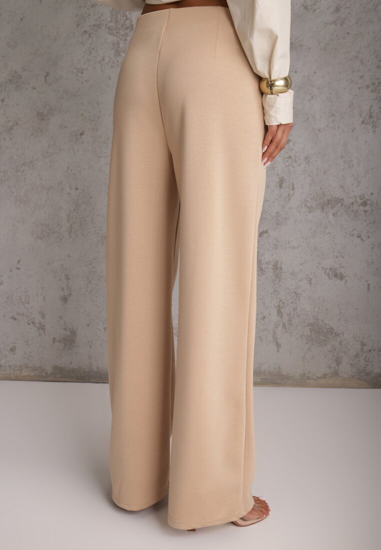 yu & me Pantaloni din Bumbac și Viscoză Bej cu Croială Elegantă la dungă Tinawre