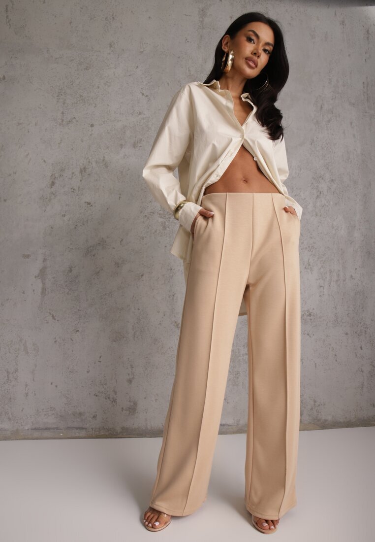 yu & me Pantaloni din Bumbac și Viscoză Bej cu Croială Elegantă la dungă Tinawre