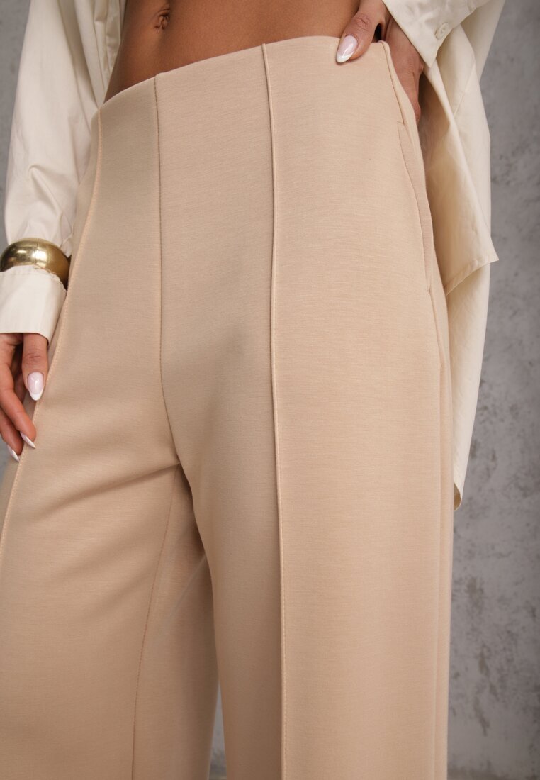 yu & me Pantaloni din Bumbac și Viscoză Bej cu Croială Elegantă la dungă Tinawre