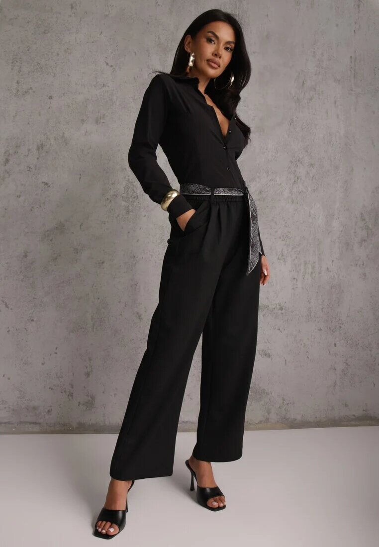 yu & me Pantaloni Negri din bumbac și viscoză Wide Leg cu curea tip eșarfă Arlethia