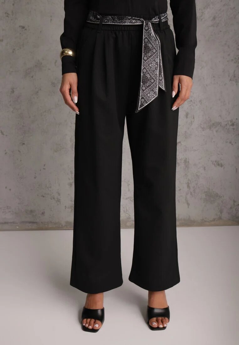 yu & me Pantaloni Negri din bumbac și viscoză Wide Leg cu curea tip eșarfă Arlethia