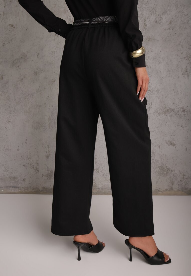 yu & me Pantaloni Negri din bumbac și viscoză Wide Leg cu curea tip eșarfă Arlethia
