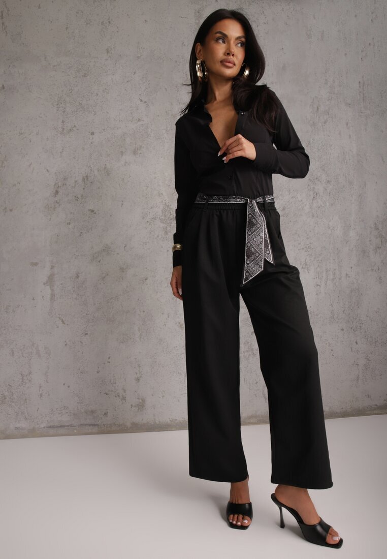 yu & me Pantaloni Negri din bumbac și viscoză Wide Leg cu curea tip eșarfă Arlethia