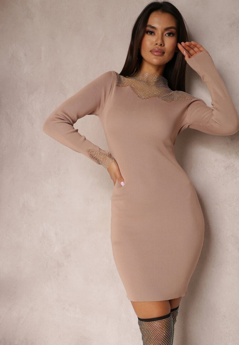 yu & me Rochie Bej Mulată cu Plasă la Decolteu Yule