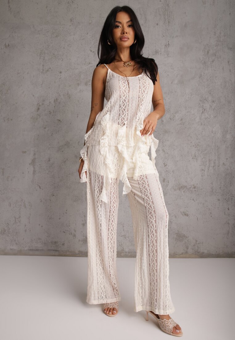 yu & me Set Eteric Bej cu Dantelă și Volane Top și Pantaloni Wide Leg Pretilaine