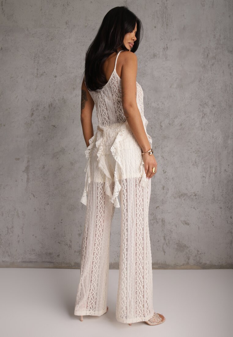 yu & me Set Eteric Bej cu Dantelă și Volane Top și Pantaloni Wide Leg Pretilaine