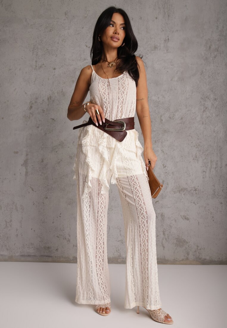 yu & me Set Eteric Bej cu Dantelă și Volane Top și Pantaloni Wide Leg Pretilaine