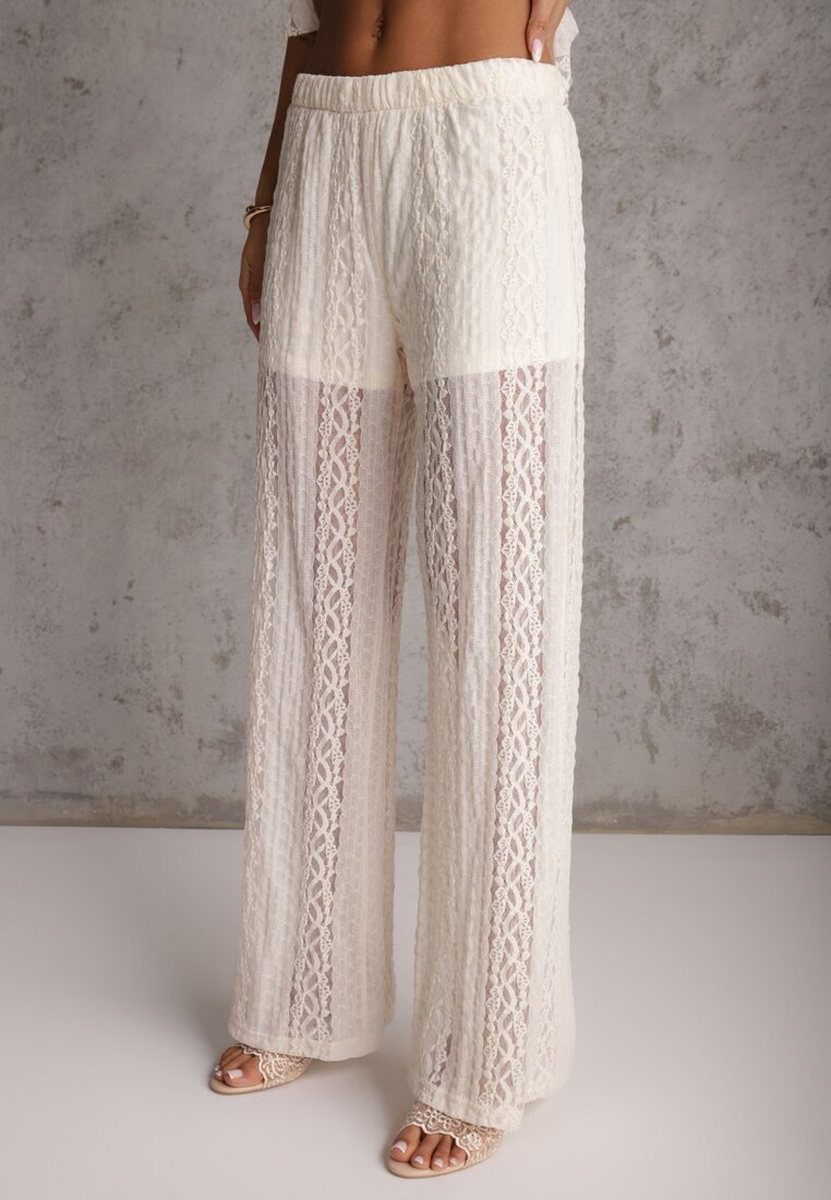 yu & me Set Eteric Bej cu Dantelă și Volane Top și Pantaloni Wide Leg Pretilaine
