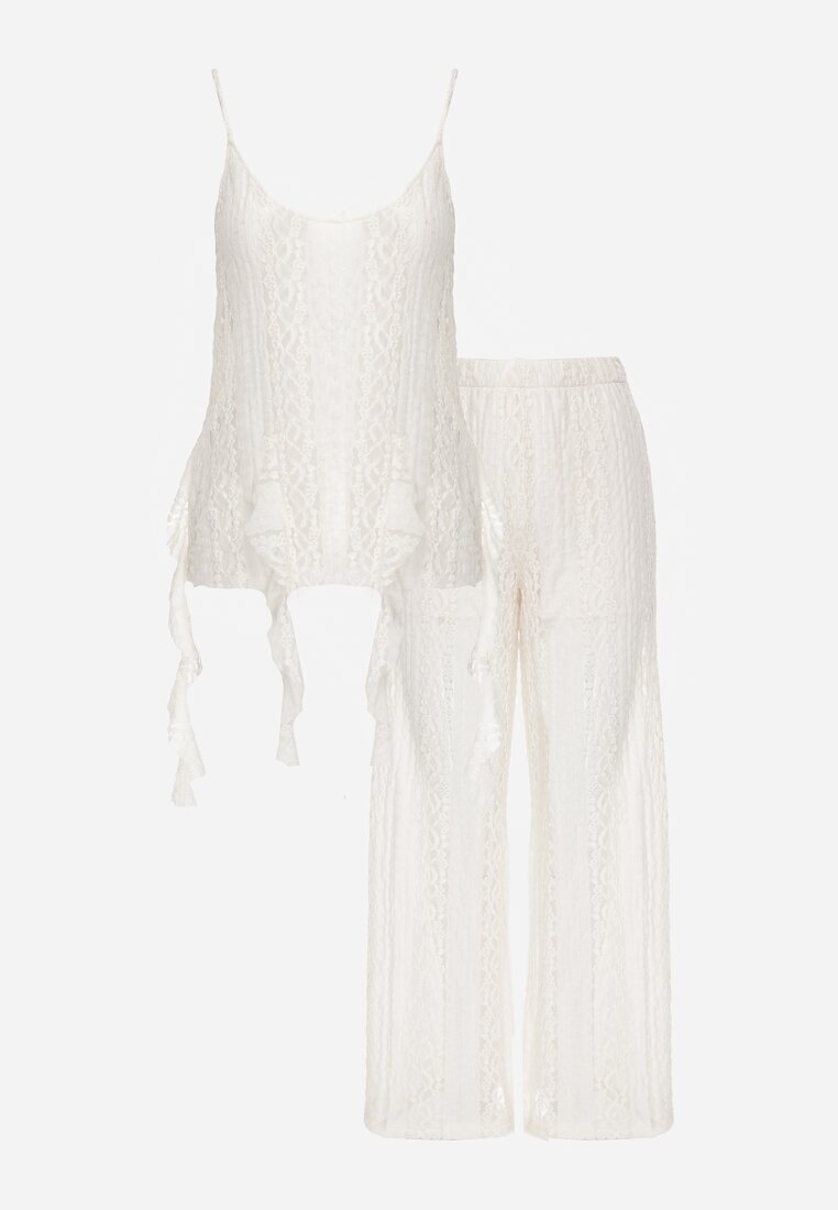 yu & me Set Eteric Bej cu Dantelă și Volane Top și Pantaloni Wide Leg Pretilaine