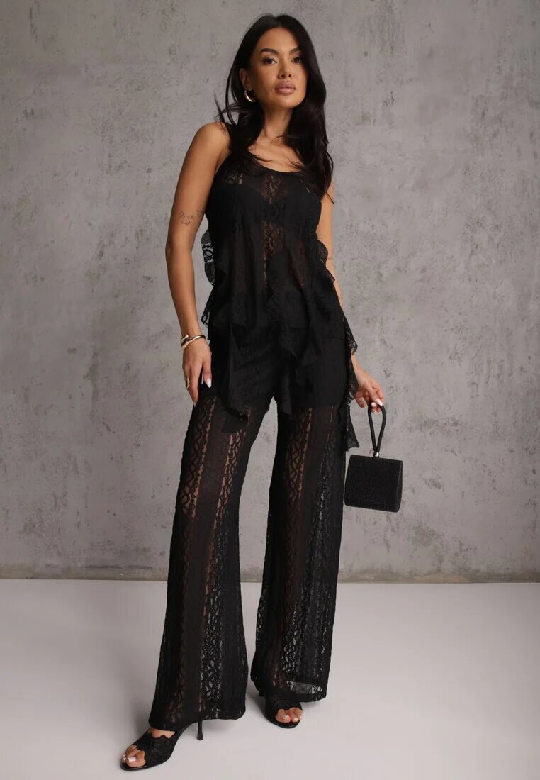 yu & me Set Eteric Negru cu Dantelă și Volane Top și Pantaloni Wide Leg Pretilaine