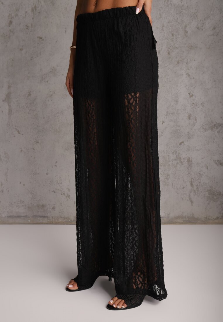 yu & me Set Eteric Negru cu Dantelă și Volane Top și Pantaloni Wide Leg Pretilaine