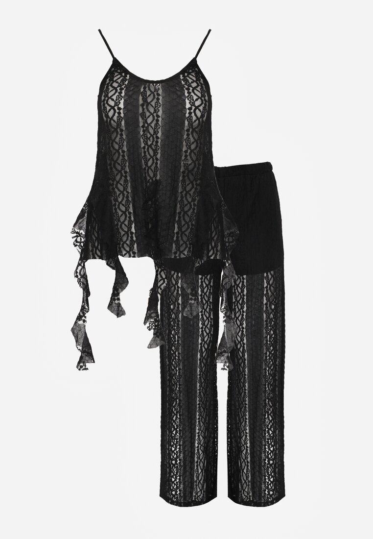 yu & me Set Eteric Negru cu Dantelă și Volane Top și Pantaloni Wide Leg Pretilaine