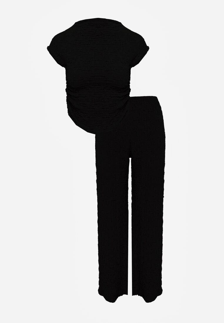 yu & me Set Negru Pantaloni Wide Leg și Top cu guler înalt și Drapaj în Talie Meridone