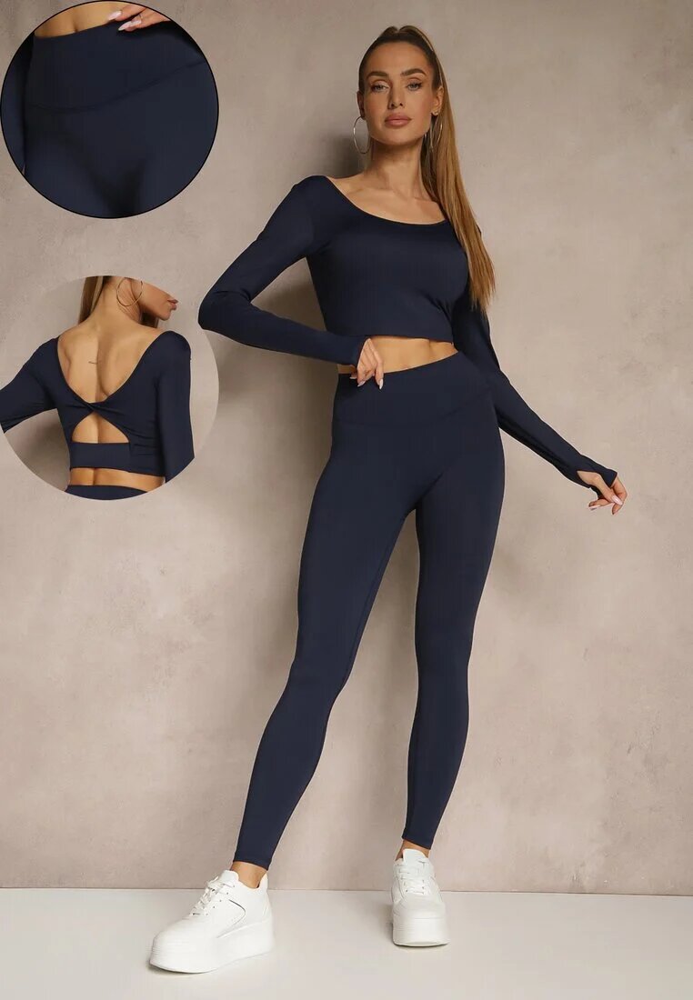 yu & me Set Sport Bleumarin Colanți High Waist și Longsleeve cu Spate Decorativ Dasalle