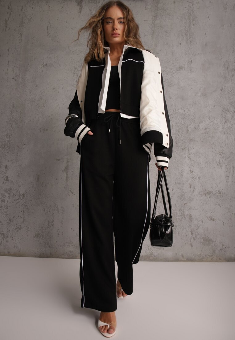 yu & me Set Trening Negru în Stil Retro Pantaloni Wide Leg și Bluză cu Guler Înalt Sewelia