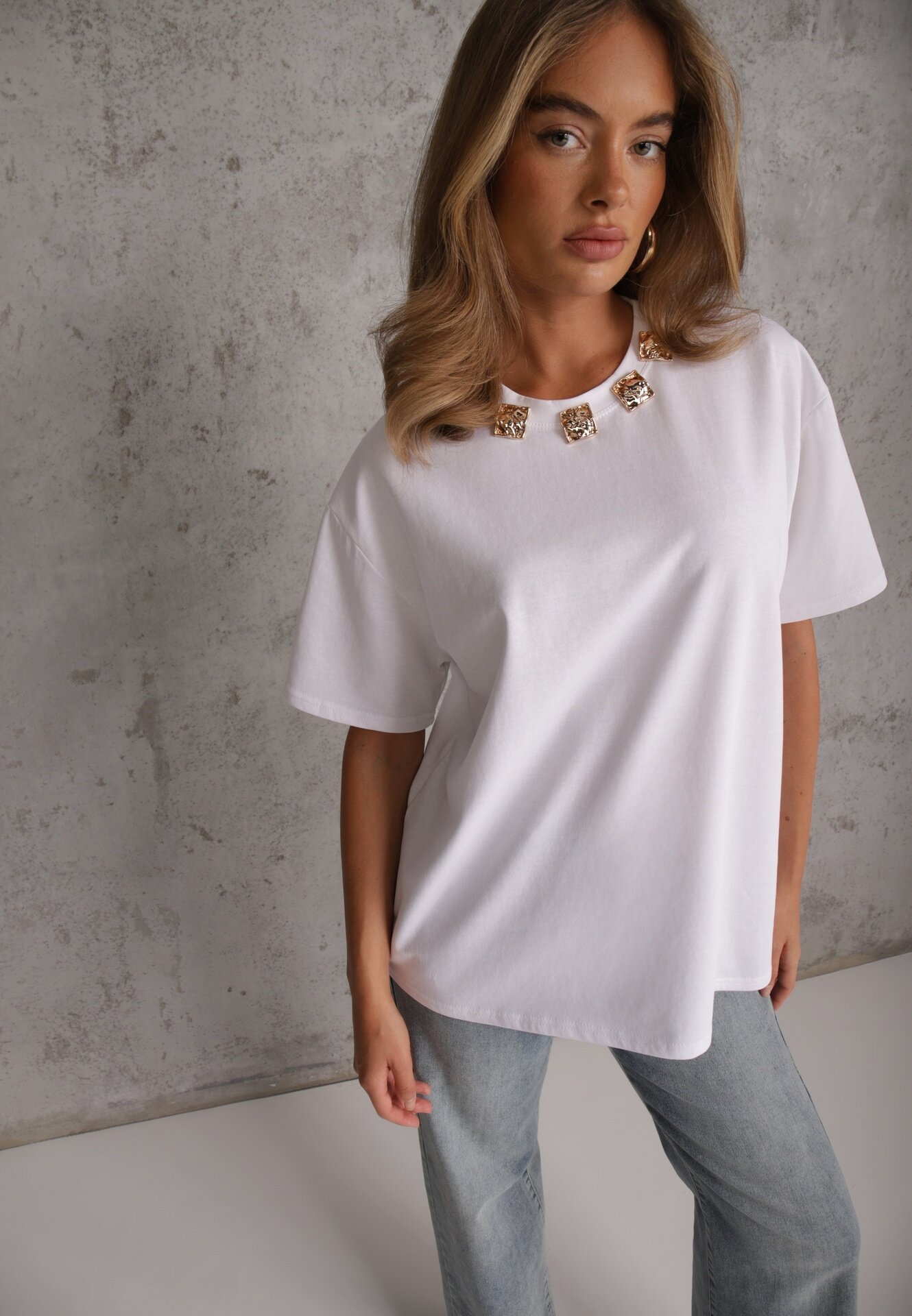 yu & me T-shirt oversize din bumbac decorat cu aplicații pătrate Evesilea Alb