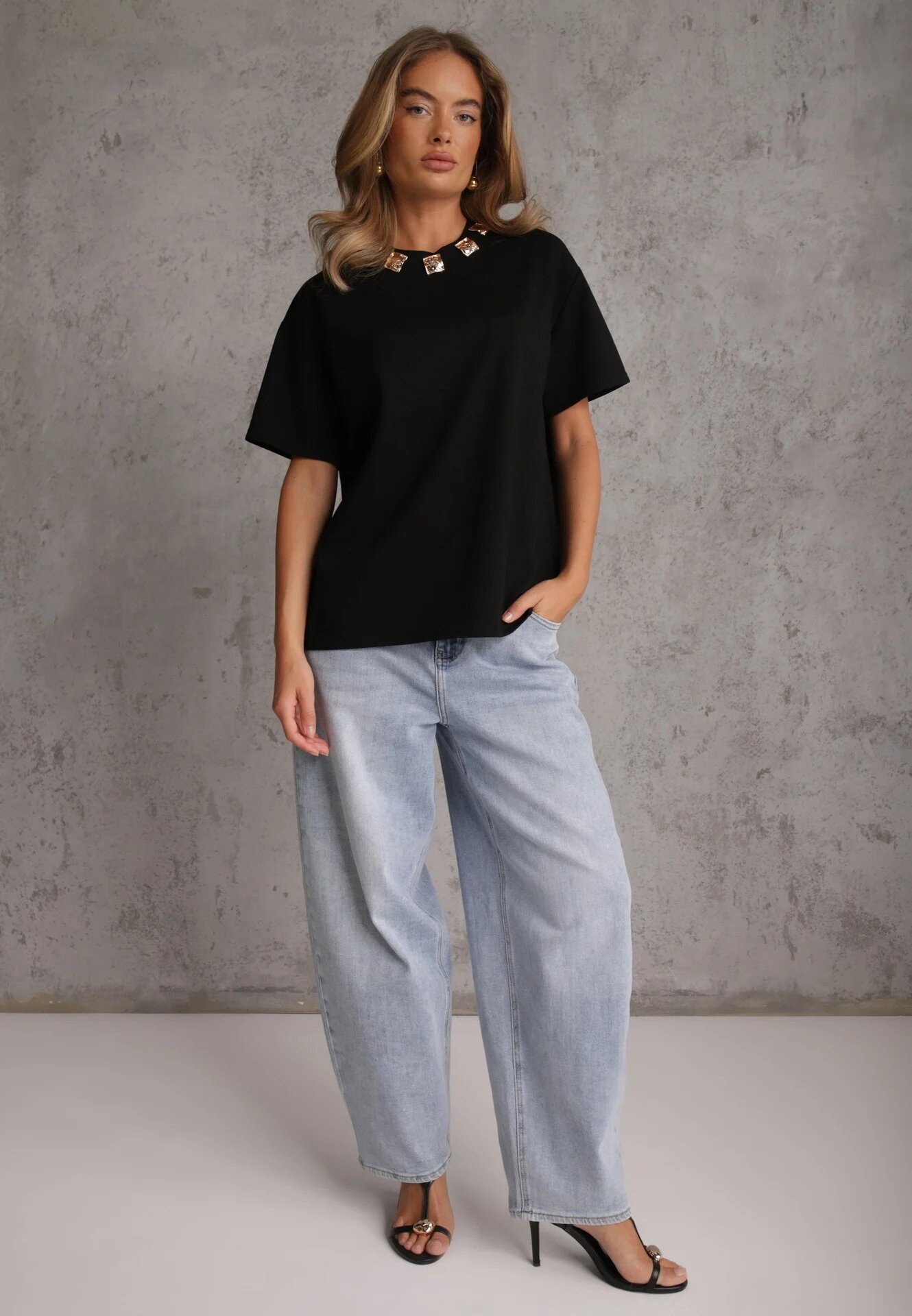 yu & me T-shirt oversize din bumbac decorat cu aplicații pătrate Evesilea Negru
