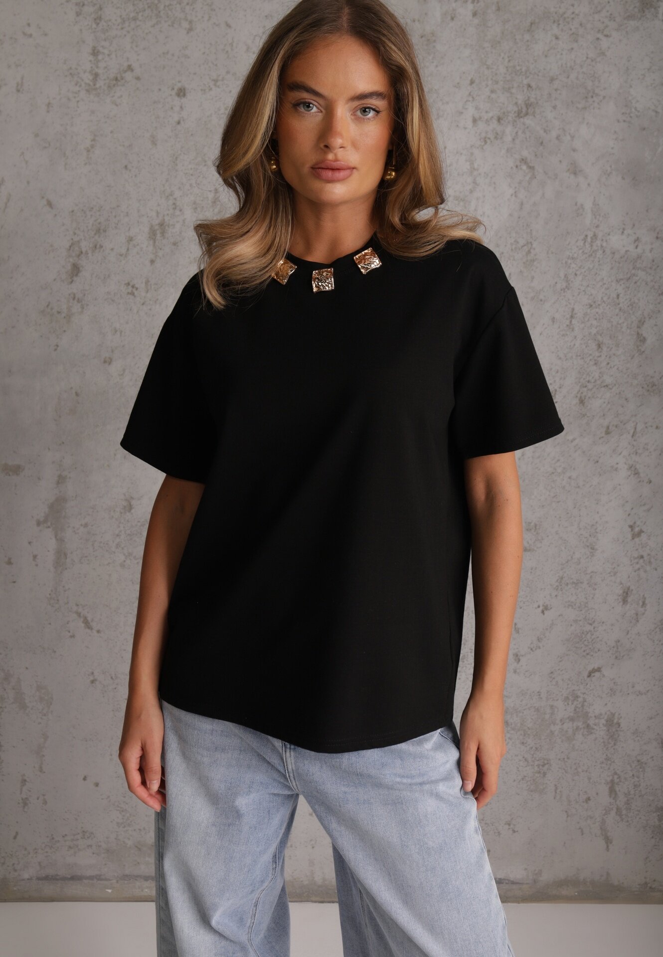 yu & me T-shirt oversize din bumbac decorat cu aplicații pătrate Evesilea Negru