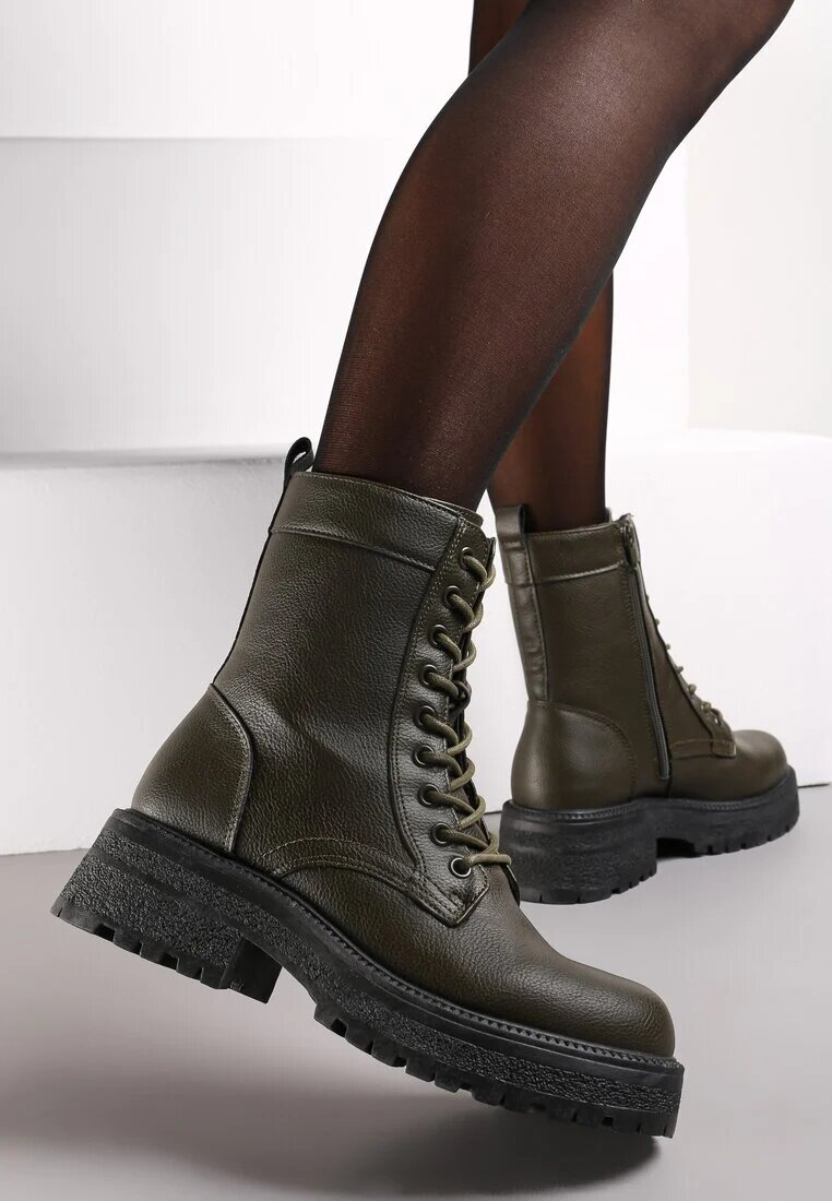  Zielone Botki Workery na Grubej Podeszwie Fashia