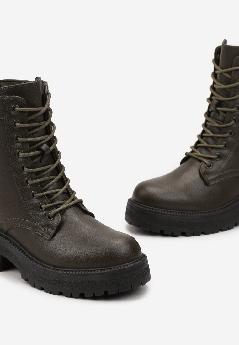  Zielone Botki Workery na Grubej Podeszwie Fashia