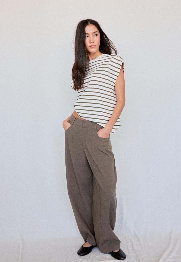 Stradivarius B06 Tricou Cu Umăr Căzut Și Dungi Kaki Xl