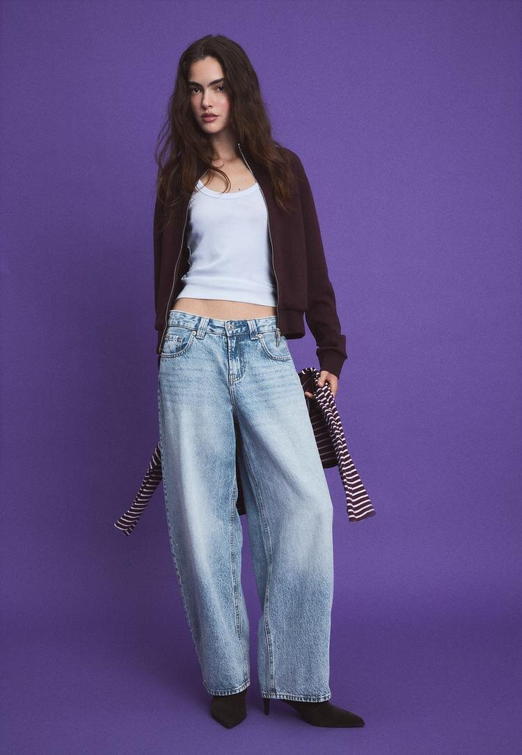 Stradivarius B09 Hanorac Cropped Cu Fermoar Și Guler Înalt Vânătă L