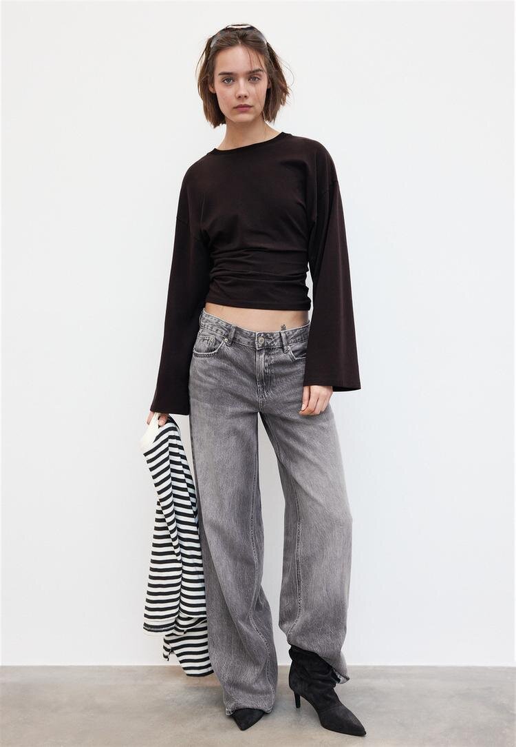 Stradivarius B11 Tricou Cu Mânecă Lungă Și Talie Ajustată Albastru Marin Xs