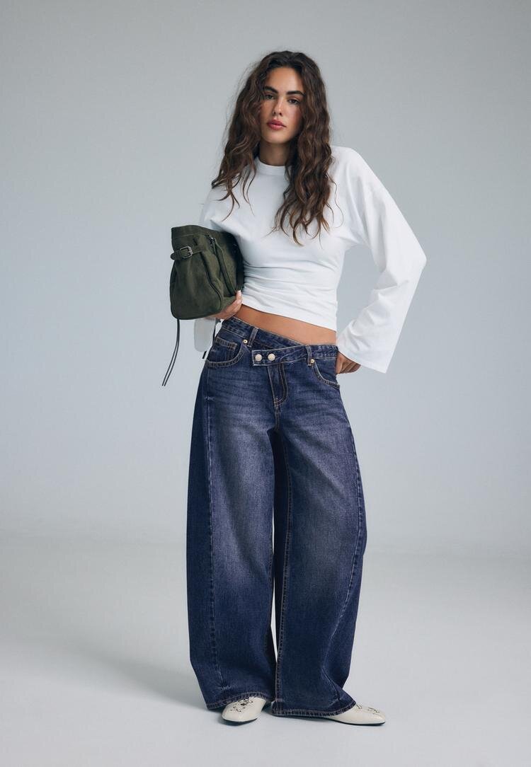 Stradivarius Blugi Baggy Cu Talie Încrucișată Albastru Overdye 40