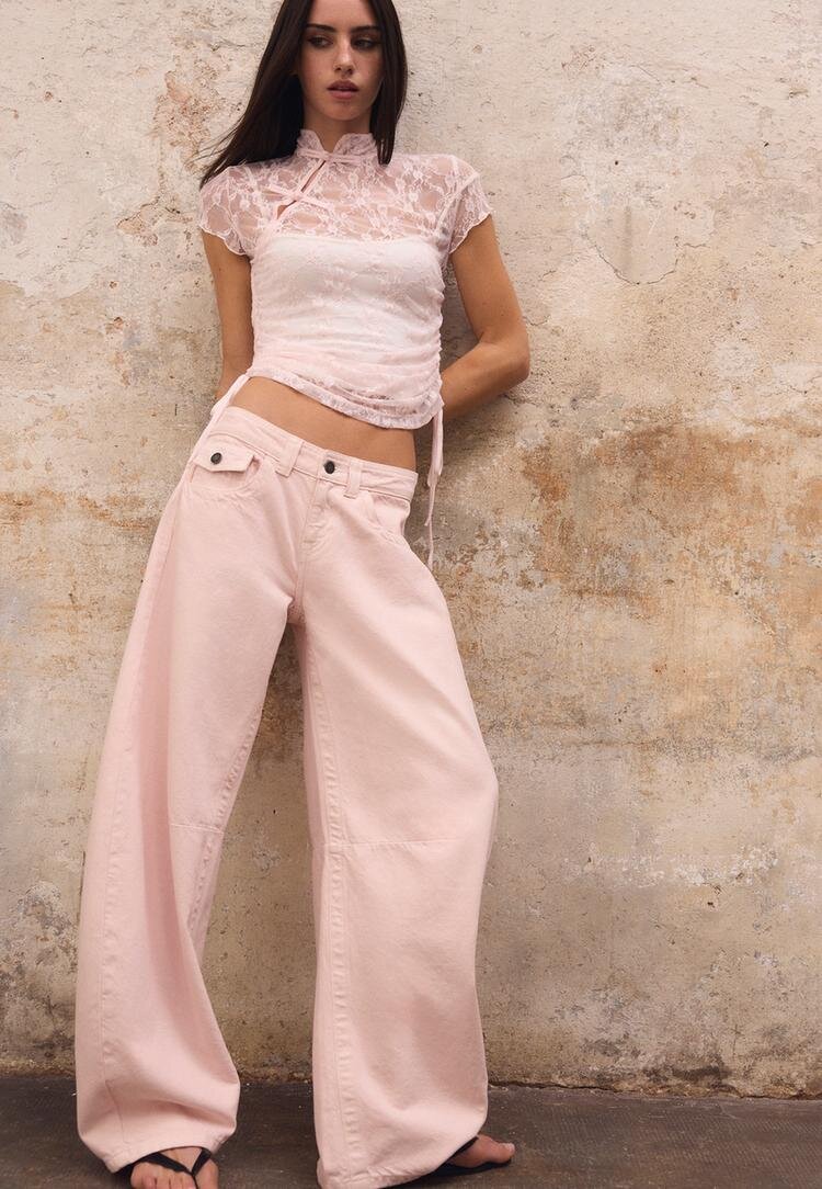 Stradivarius Blugi Barrel Cu Talie Joasă Roz Pastel 38